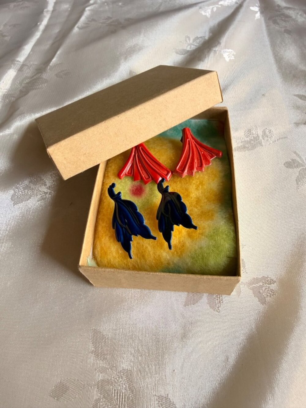 Vintage Blue Metal Leaf Earrings & Red Metal Fan Design Earrings - Art Deco
